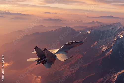 Jet fighter at mountain with sunset view photo