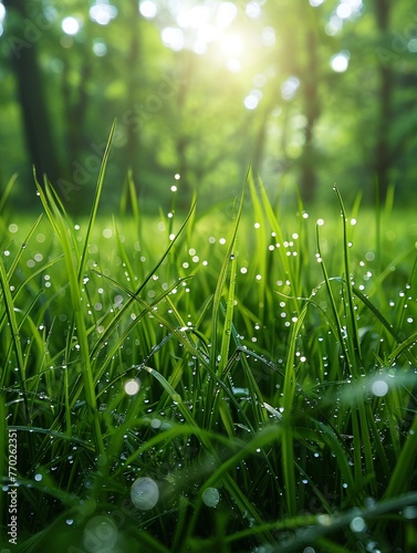 Closeup of dewdrops on vibrant, photorealistic grass, with a forest background ,ultra HD,clean sharp focus