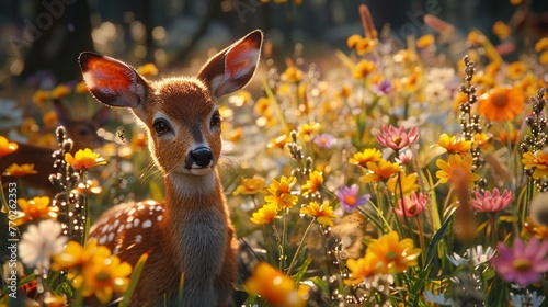 Closeup of vibrant, photorealistic wildflowers, random forest animals in the background ,3DCG,high resulution © Oranuch