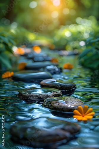 Randomly placed stones in a vibrant  photorealistic forest stream  closeup  floral edges  ultra HD clean sharp focus