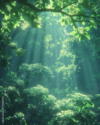 Sunbeam through vibrant forest canopy, closeup on a random flower, photorealistic quality ,super realistic, Prime Lenses
