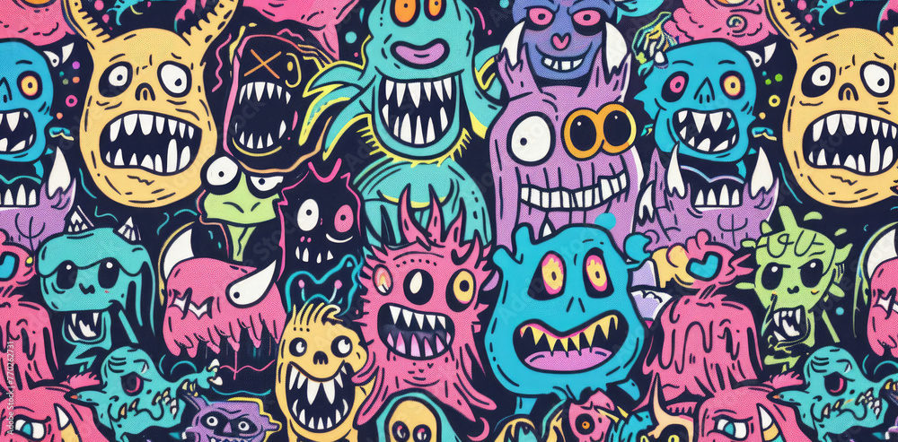 Naklejka premium Colorful Doodle Monsters Vector Pattern