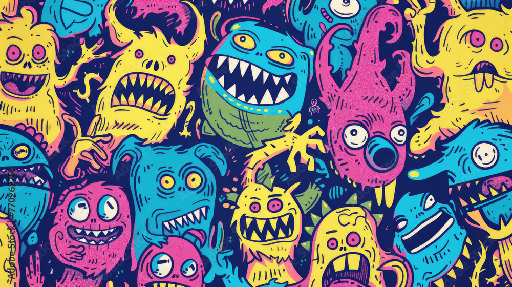 Fototapeta premium Colorful Doodle Monsters Vector Pattern