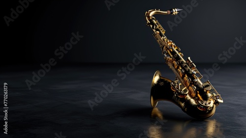 Gold saxophone is sitting on dark floor