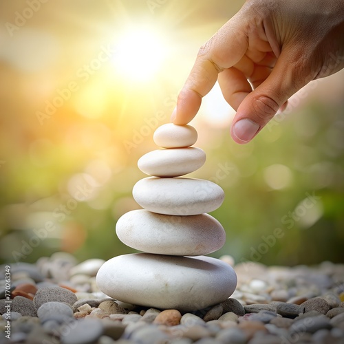 Enjoying Life Concept. Harmony and Positive Mind. Hand Setting White Natural Stone Stack to Balance. Balancing Body, Mind, Soul and Spirit. Mental Health Practice photo