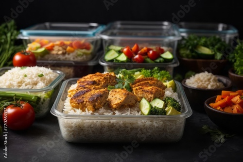 Preparing chicken, rice and vegetables in lunch containers