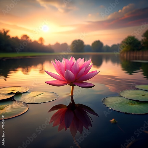 pink lotus flower in pond at sunrise