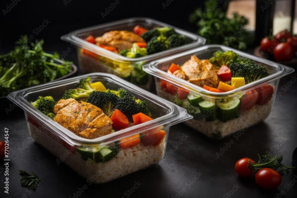 Chicken and vegetable food is served in containers for lunch