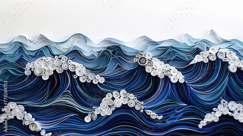 An artistic interpretation of tumultuous waves in a stormy sea crafted from quilling paper, with deep blues and bright whites forming intricate patterns 
