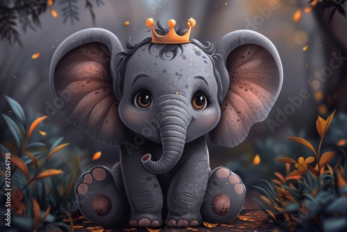 Cute baby elephant with crown illustration in modern format.