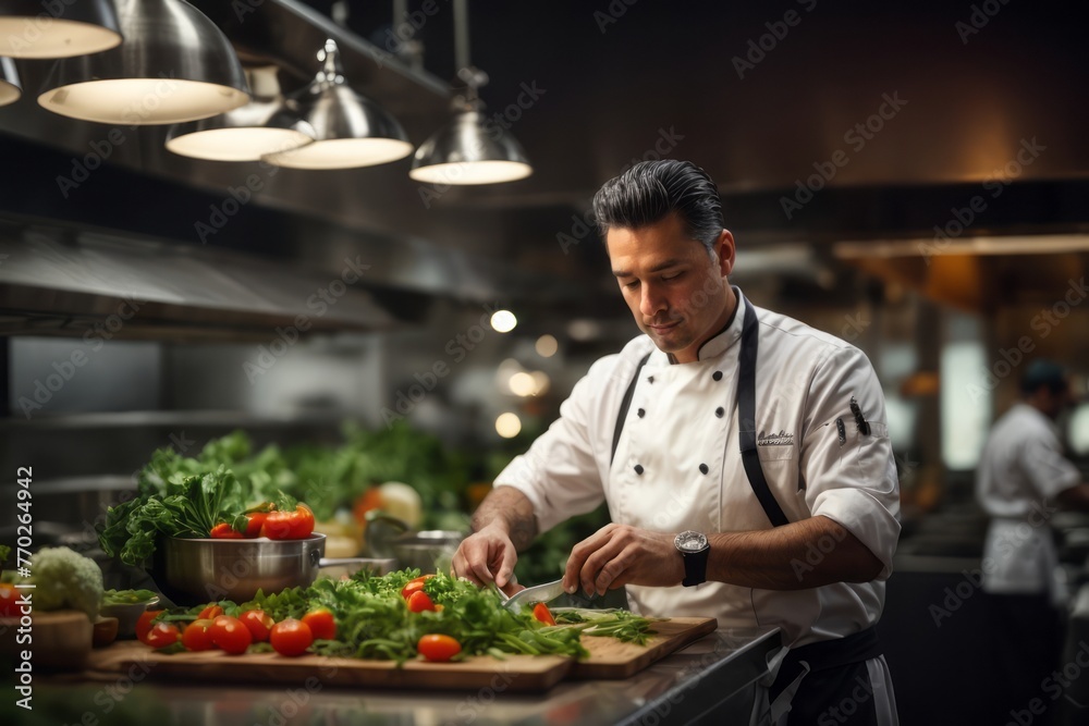 chef preparing vegetable salad menu in restaurant kitchen for customers, delicious restaurant food menu