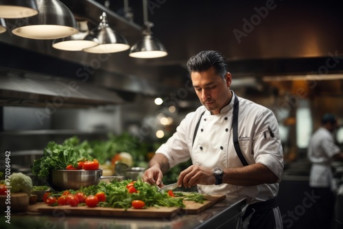 chef preparing vegetable salad menu in restaurant kitchen for customers, delicious restaurant food menu