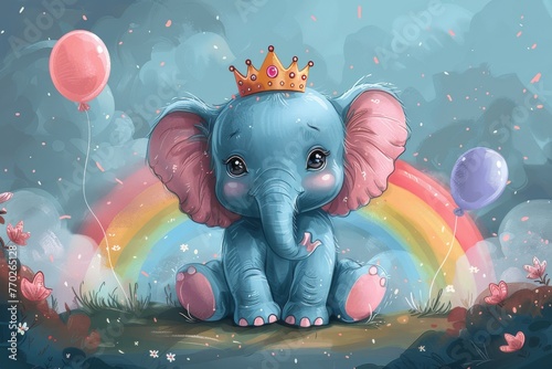 The image shows a cute baby elephant with a balloon and crown sitting atop a rainbow.