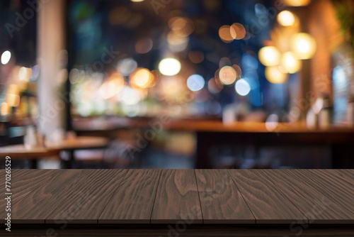 Wooden board empty table background. abstract blurred cafe background