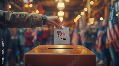 Putting a ballot in the wooden ballot box at an entertaining event photo