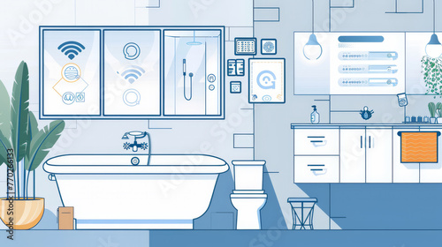 Monochrome blueprint of a smart home bathroom with a modern digital interface, ai generated,