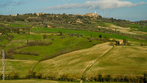  Panorama collinare della Val d'Orcia lungo il percorso ciclistico dell'Eroica. Provincia di Siena. Toscana , Italia photo