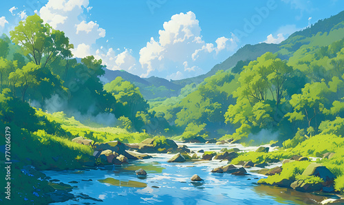 landscape with river and mountains-generative aI