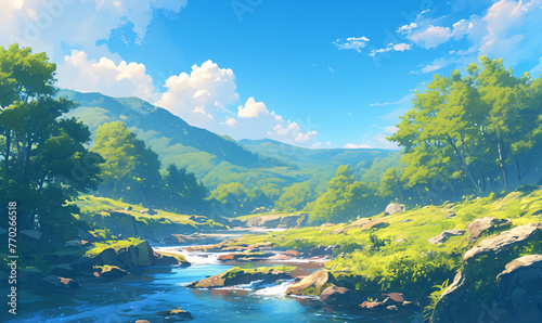 landscape with river and mountains-generative aI