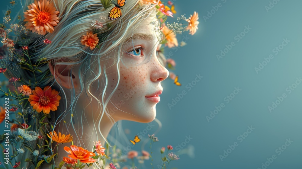 A cartoon blonde girl with flowers and butterflies coming out of her head, side view, vector illustration on a solid blue background A cartoon blonde girl with flowers and butterflies coming out of her head, side view, vector illustration on a solid blue background