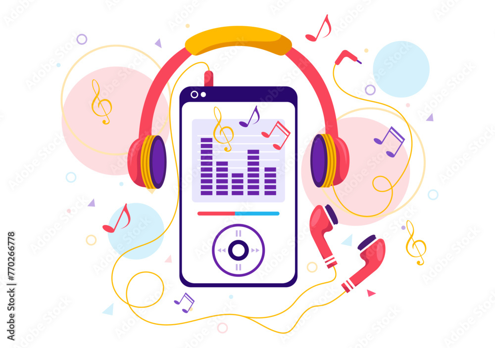 MP3 Player Vector Illustration with Musical Notation, Headphones, Headset and Phone of Music Listening Devices in Mobile App on Flat Background - obrazy, fototapety, plakaty 