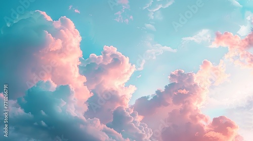 Beautiful background image of a romantic blue sky with soft fluffy pink clouds