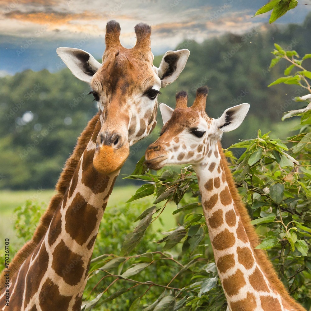 beautiful giraffe with son in jungle - obrazy, fototapety, plakaty 
