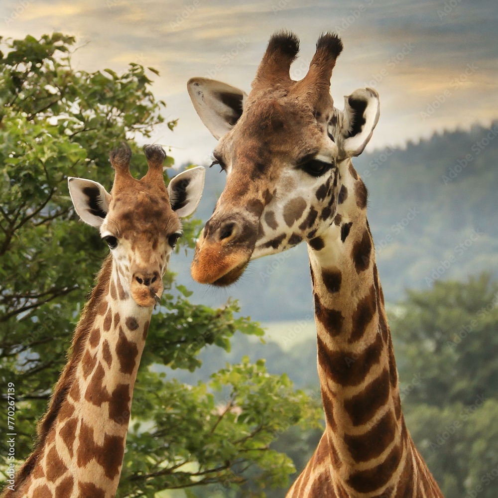 beautiful giraffe with son in jungle - obrazy, fototapety, plakaty 