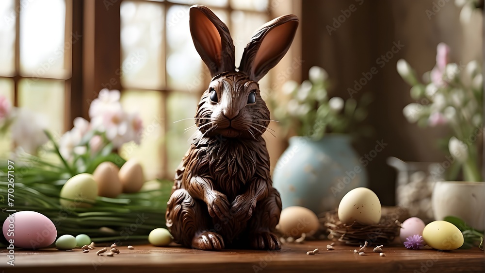 "An English tasty chocolate Easter bunny stands proudly on a wooden table. The bunny is intricately detailed, with realistic fur texture and delicate chocolate features. The table is polished, reveali - obrazy, fototapety, plakaty 