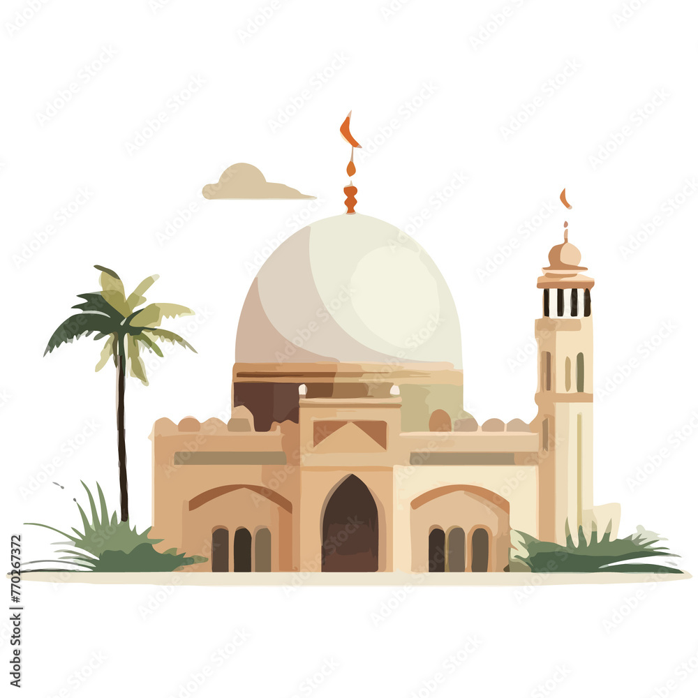 A white mosque with a palm tree next to it