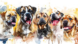A dynamic artwork of dogs illustrated with a watercolor technique, creating a fusion of realism and abstract art.