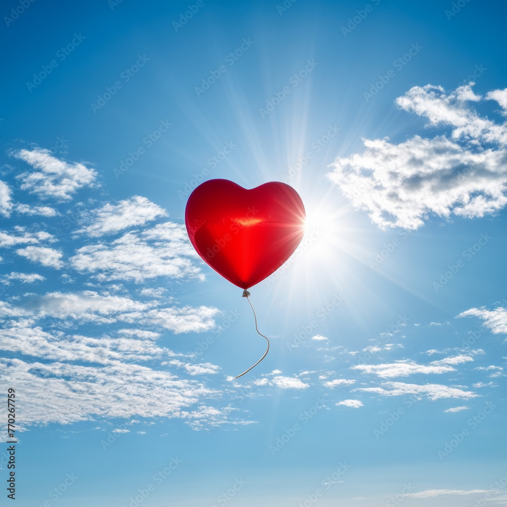 Red heart shaped balloon flying above the clouds. Valentine's day concept.
