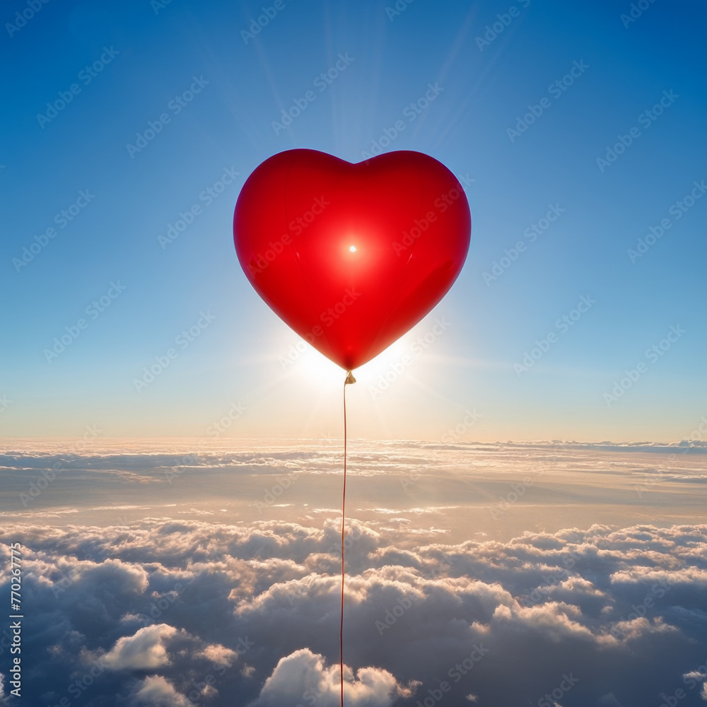 Fototapeta premium Red heart shaped balloon flying above the clouds. Valentine's day concept.