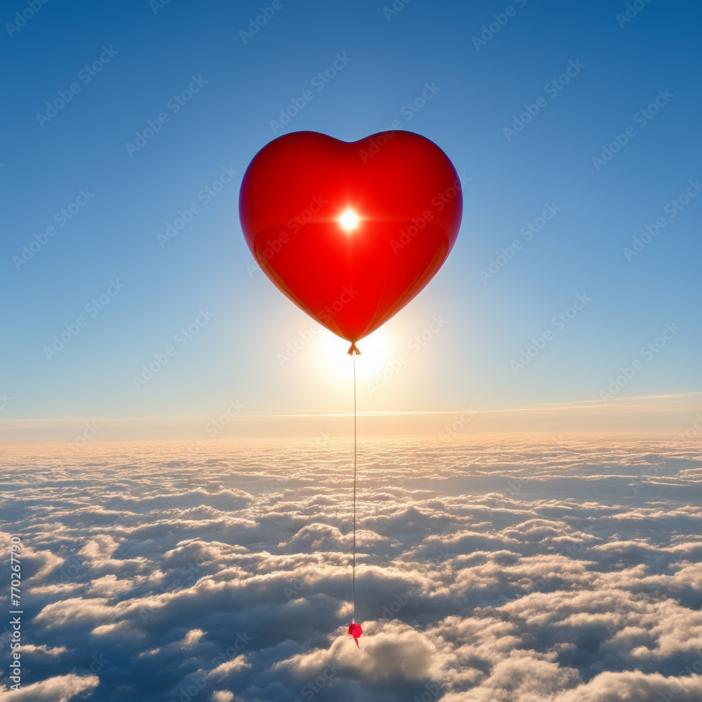 Fototapeta premium Red heart shaped balloon flying above the clouds. Valentine's day concept.