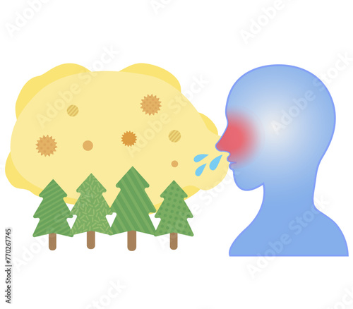 飛来する花粉を吸い込み鼻炎になる人のシルエット