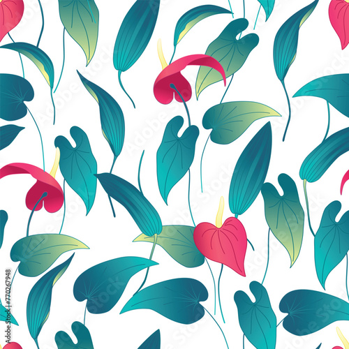 Tropical print with anthurium leaves and flowers on white background. Seamless pattern for womens clothes, home decor, cover, wallpaper or other design. Vector illustration. Not AI created.