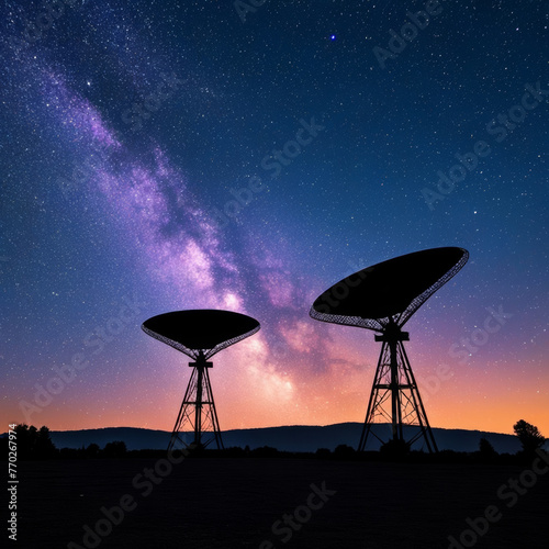 Silhouettes of satellite dishes against the night sky and milky way