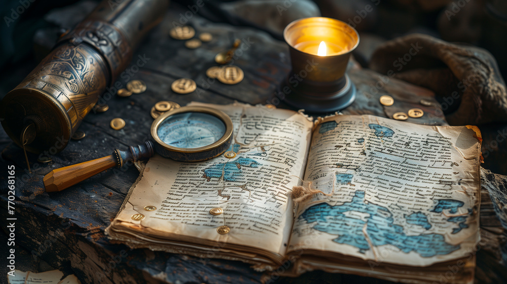 An old open book with a magnifying glass on ancient maps, a candle, and a spyglass suggesting exploration or history