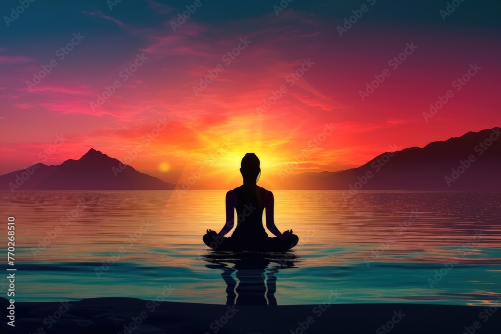 silhouette of woman meditating on the beach