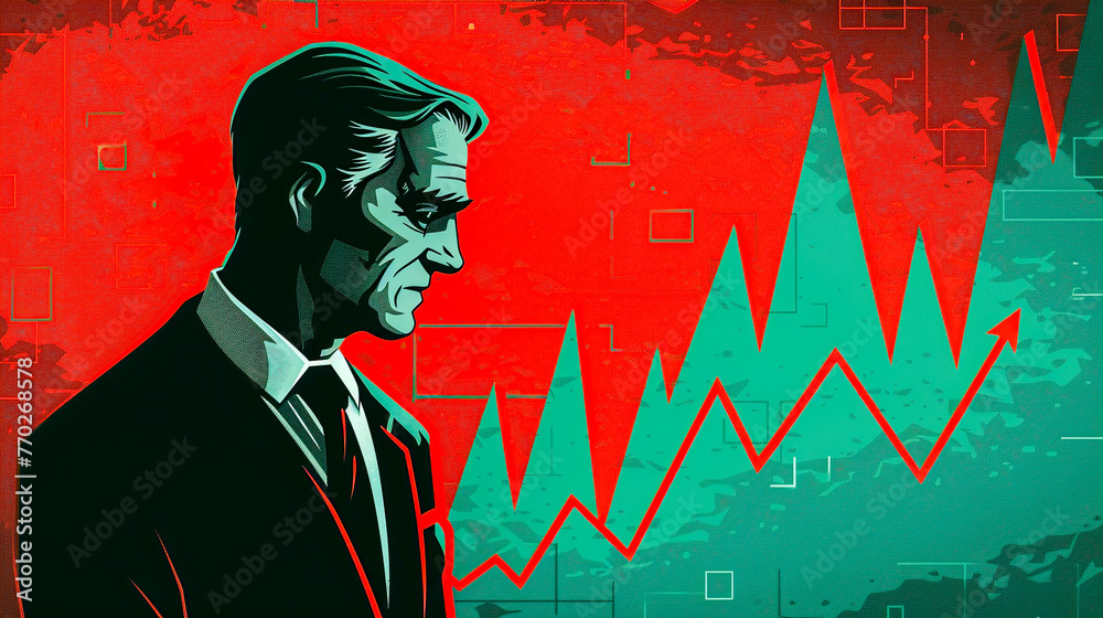 Illustration of a businessman in profile with a sharp upward stock market graph against a red background - obrazy, fototapety, plakaty 