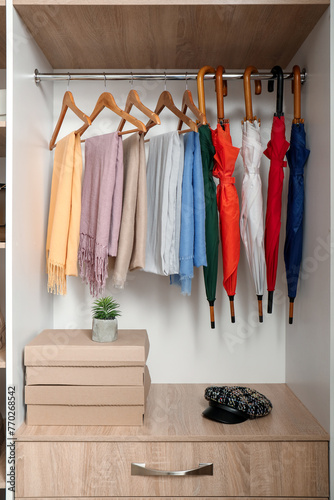 Rack with stylish umbrella and colorful scarves in modern woman's wardrobe
