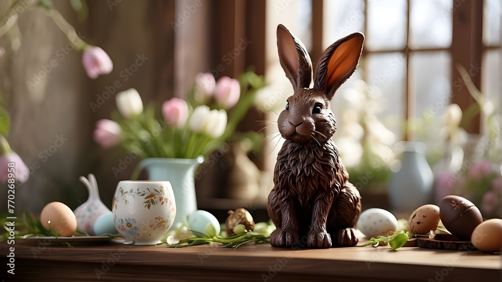 "An English tasty chocolate Easter bunny stands proudly on a wooden table. The bunny is intricately detailed, with realistic fur texture and delicate chocolate features. The table is polished, reveali - obrazy, fototapety, plakaty 