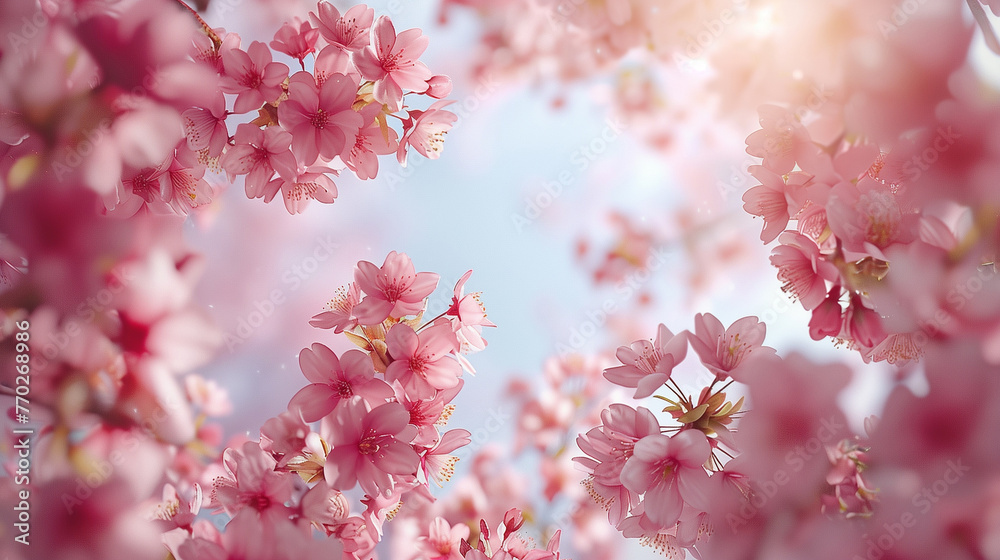 Close up of pink cherry blossoms, Concept of beauty and tranquility. - obrazy, fototapety, plakaty 