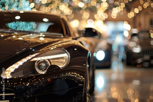 New cars display in luxury showroom with light bokeh in motor show event. © Postproduction