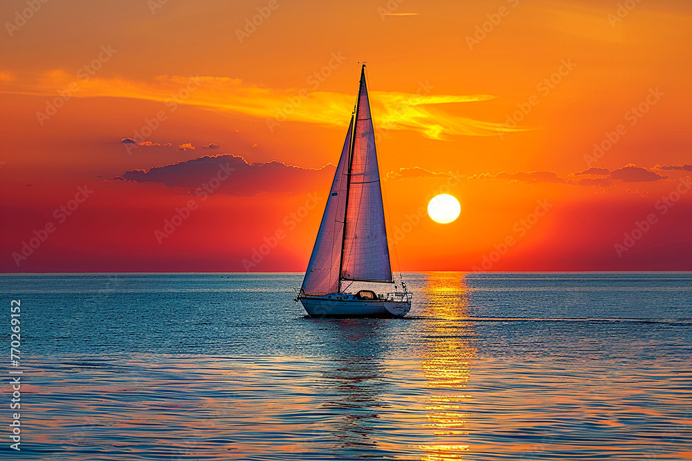 A sailboat floats on calm waters with the sun setting on the horizon under a fiery orange sky.