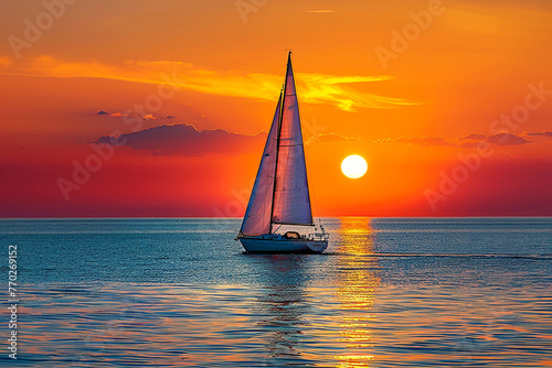 A sailboat floats on calm waters with the sun setting on the horizon under a fiery orange sky.