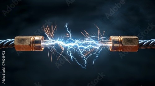 Intense electrical spark connecting two separated cables against a dark background.