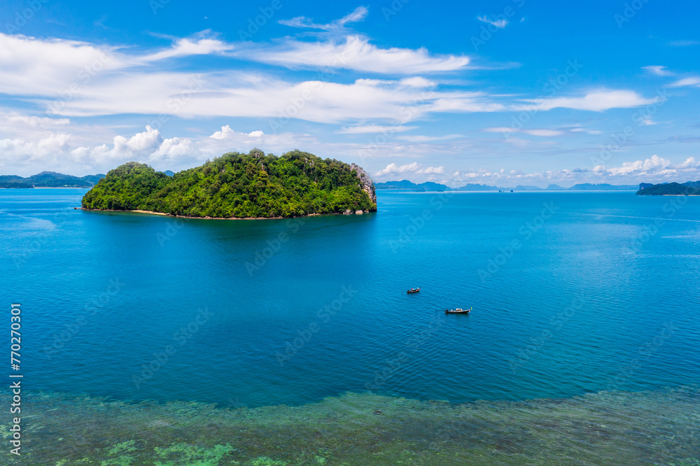 Aerial view seascape island and passenger boat, tourist, Andaman Sea in the summer season at Krabi Province,