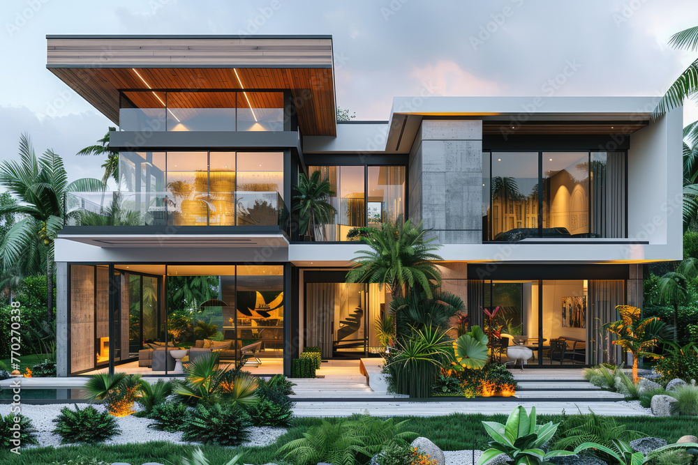 Modern house with glass windows and terrace, tropical garden, front view. Modern architecture concept. Created with Ai
