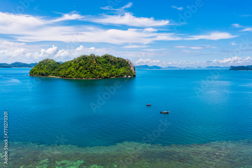 Aerial view seascape island and passenger boat  tourist  Andaman Sea in the summer season at Krabi Province 